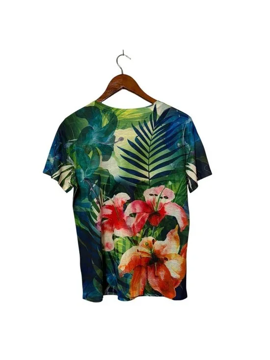 Laura Scott Womens XL Floral Jungle Print Rhinestone Short Sleeve Top Resort - Picture 2 of 6